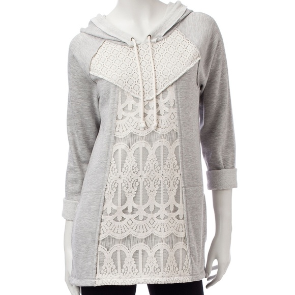 Hannah Tops - /Hannah/ gray lace-front raw edge hoodie